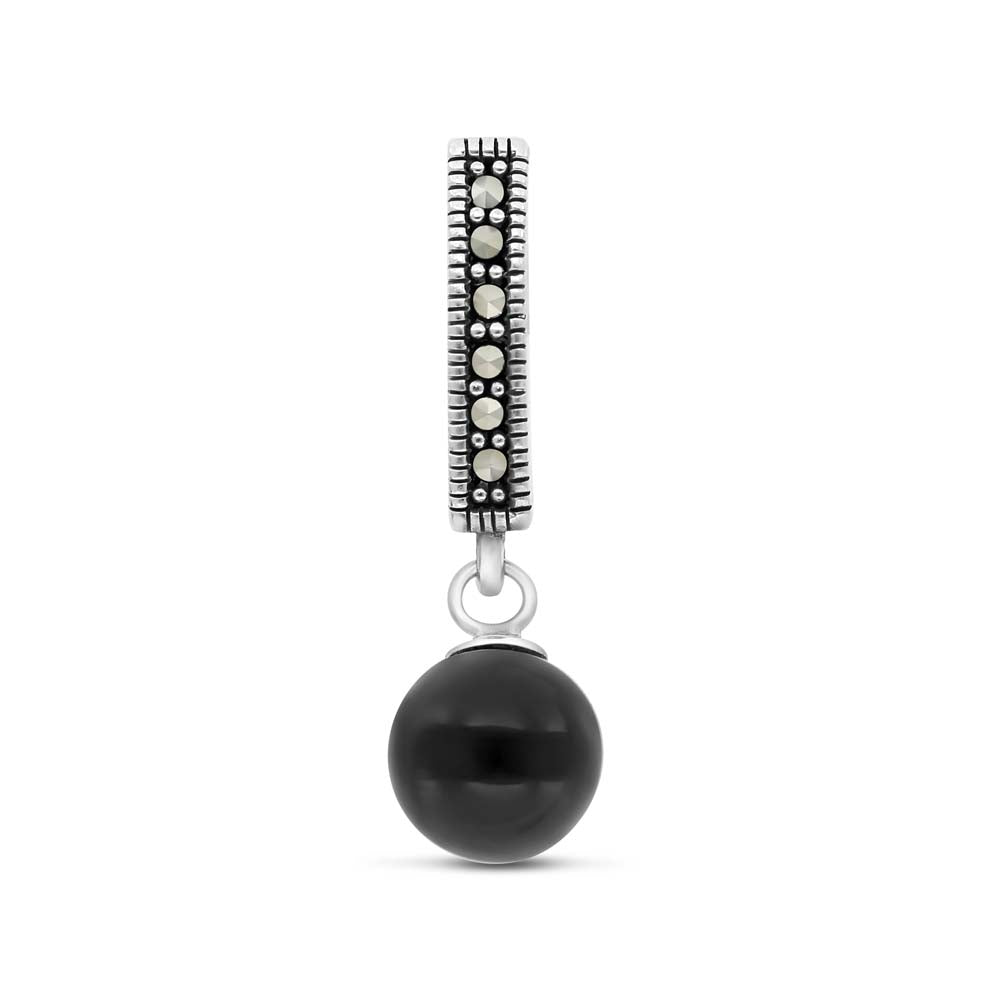 Sterling Silver 925 Pendant Embedded With Natural Black Agate And Marcasite Stones
