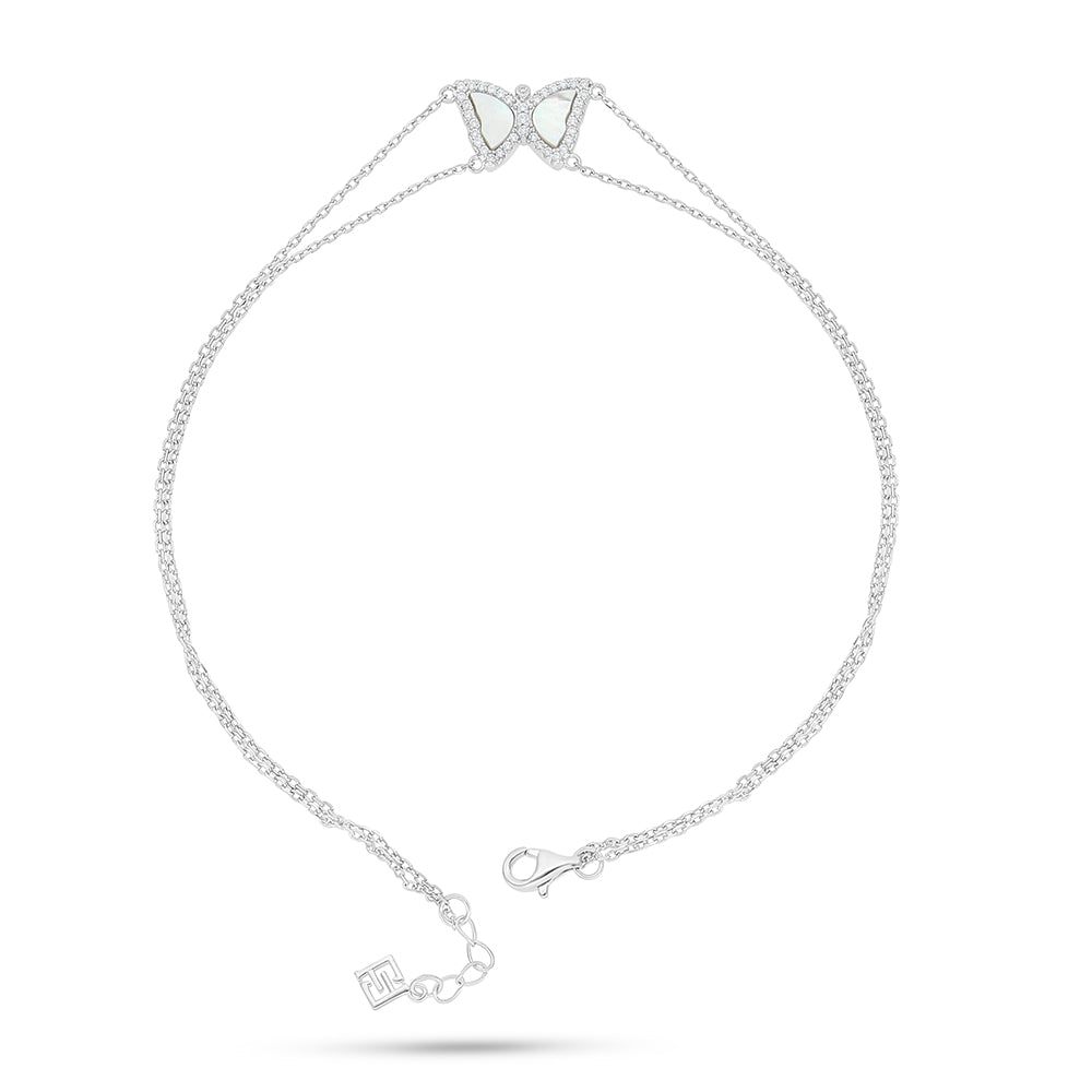 Sterling Silver 925 Anklet Rhodium Plated Embedded With White Shell And White Zircon