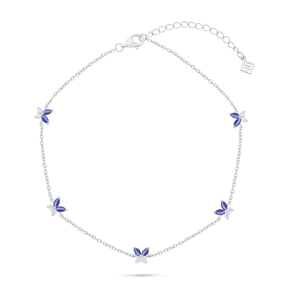 Sterling Silver 925 Anklet Rhodium Plated Embedded With Sapphire Corundum And White Zircon