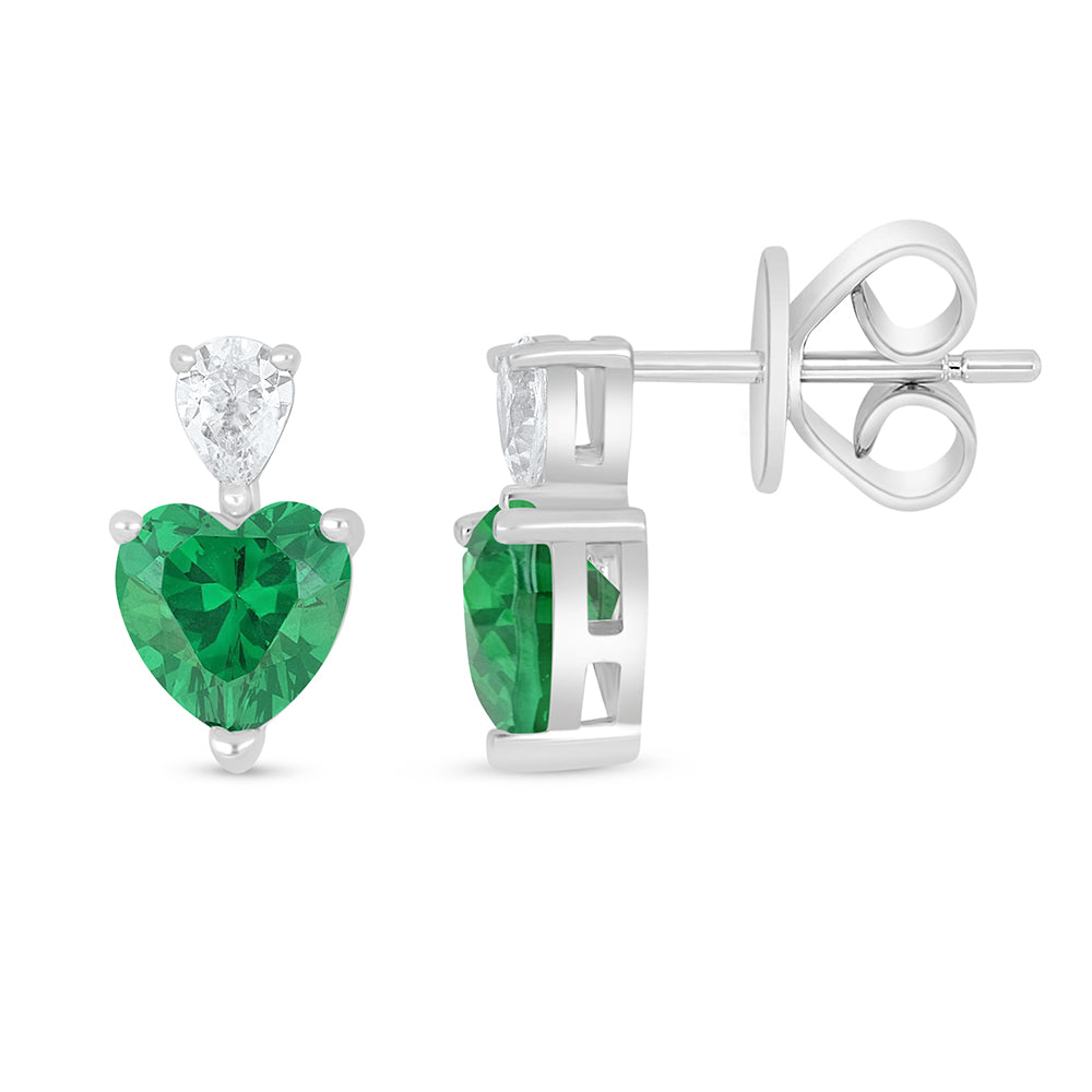 Sterling Silver 925 Earring Rhodium Plated Embedded With Emerald Zircon And White Zircon