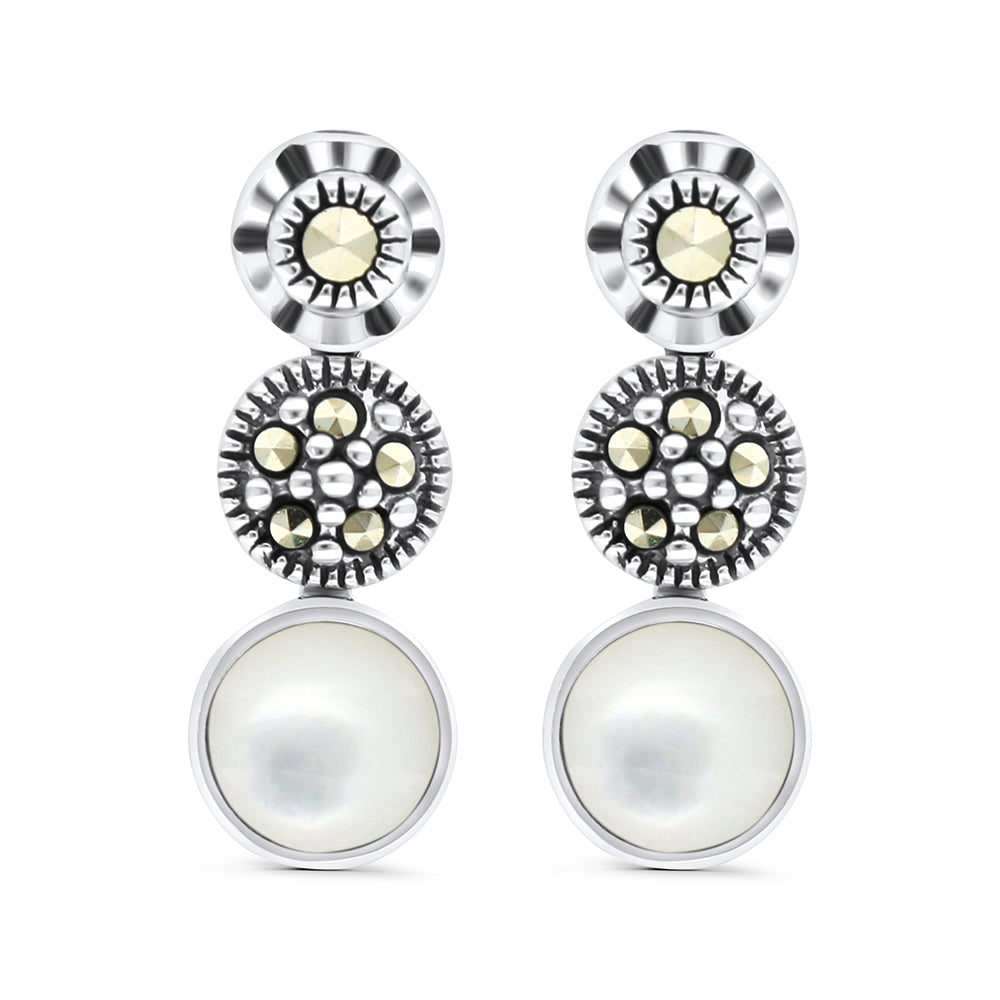 Sterling Silver 925 Set Embedded With Natural White Shell And Marcasite Stones
