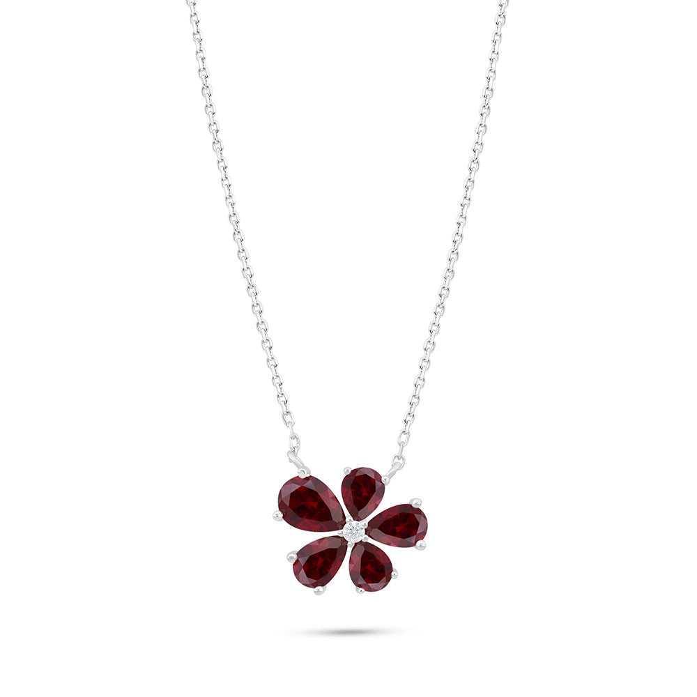 Sterling Silver 925 Necklace Rhodium Plated Embedded With Ruby Corundum And White Zircon