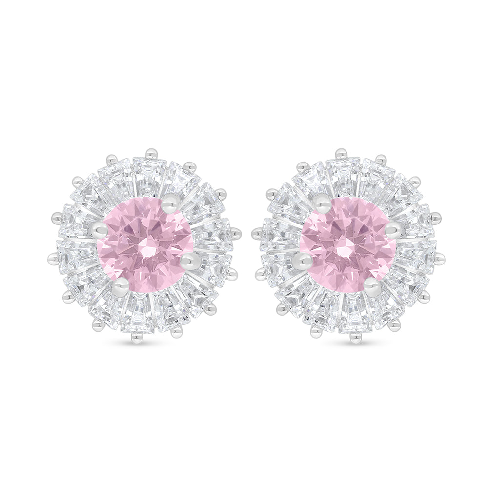 Sterling Silver 925 Earring Rhodium Plated Embedded With Pink Zircon And White Zircon