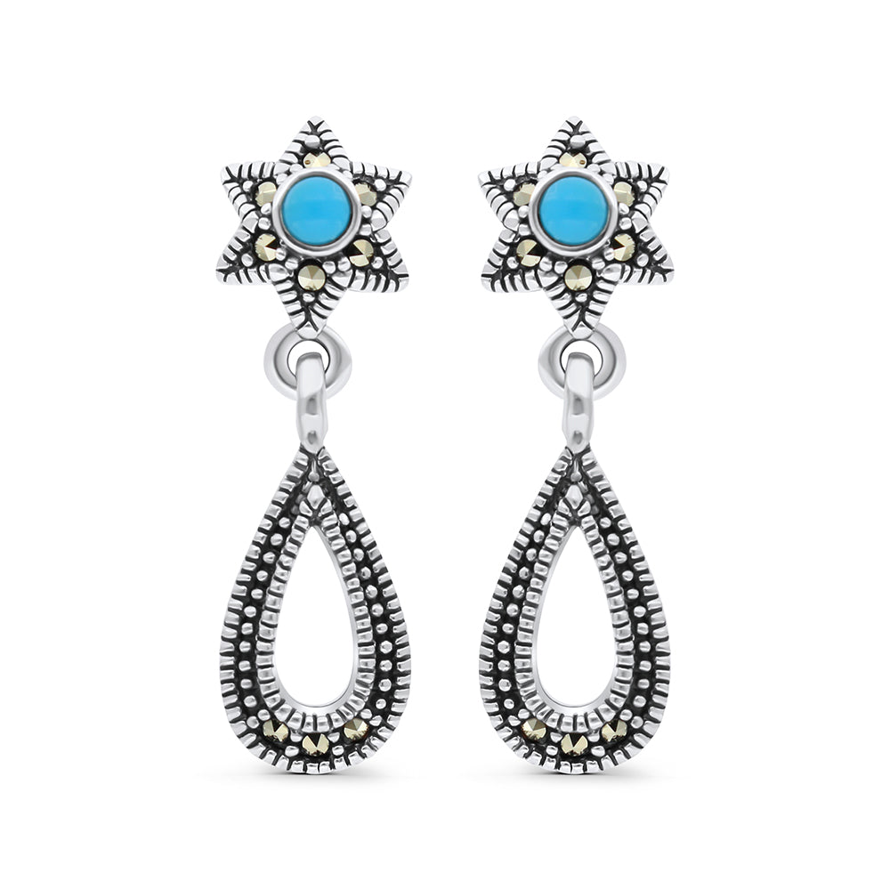 Sterling Silver 925 Earring Embedded With Natural Processed Turquoise And Marcasite Stones