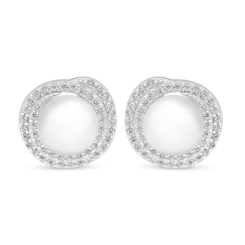 Sterling Silver 925 Earring Rhodium Plated Embedded With Natural White Pearl And White Zircon