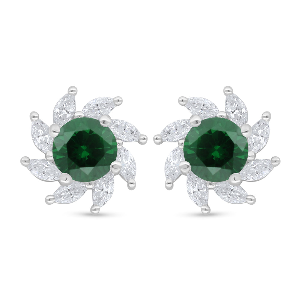 Sterling Silver 925 Earring Rhodium Plated Embedded With Emerald Zircon And White Zircon