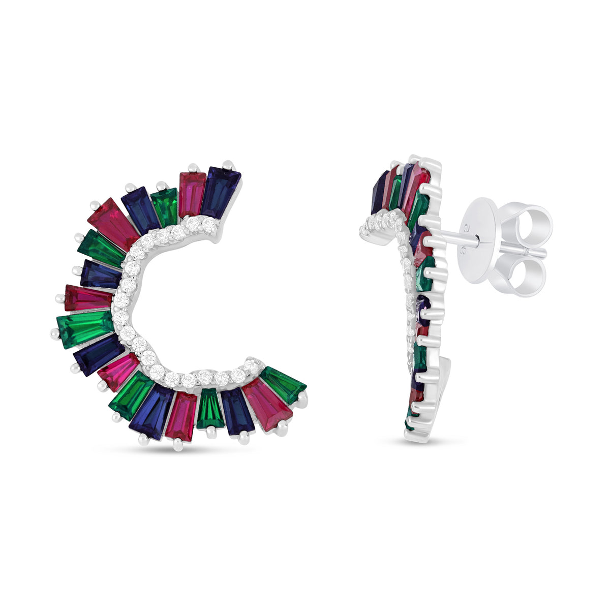 Sterling Silver 925 Earring Rhodium Plated Embedded With Emerald Zircon,Ruby, Sapphire Corundum And White Zircon