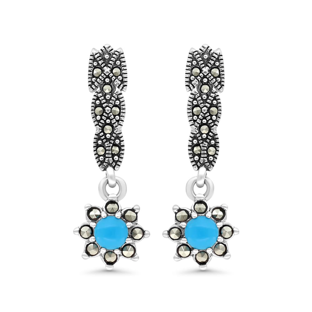 Sterling Silver 925 Earring Embedded With Natural Processed Turquoise And Marcasite Stones
