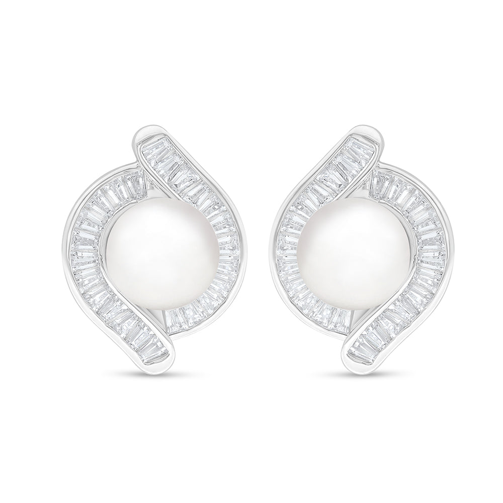 Sterling Silver 925 Earring Rhodium Plated Embedded With Natural White Pearl And White Zircon