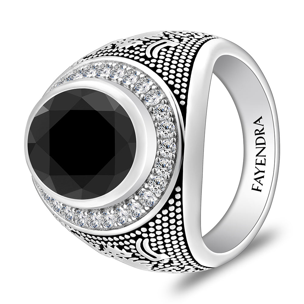 خاتم رجالي من الفضة الخالصة عيار 925 مطلي روديوم و اسود مرصع احجار اونكس سبينل و فص ابيض
