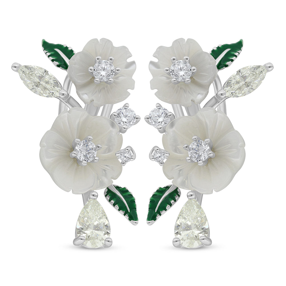 Sterling Silver 925 Earring Rhodium Plated Embedded With White Shell And Diamond Zircon And White Zircon