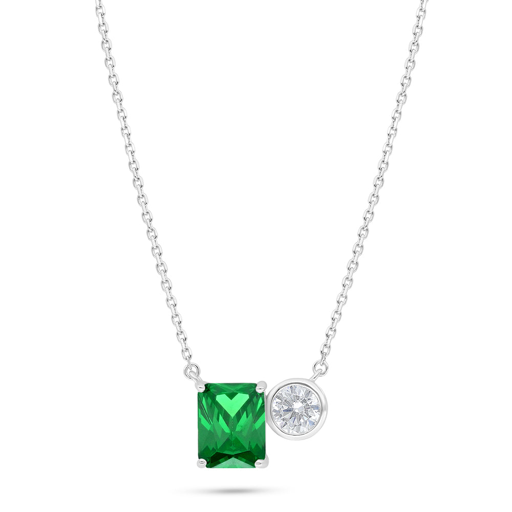 Sterling Silver 925 Necklace Rhodium Plated Embedded With Emerald Zircon And White Zircon
