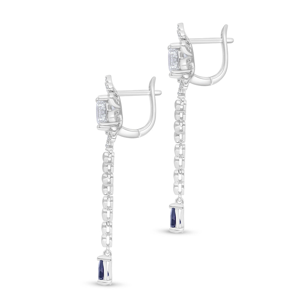 Sterling Silver 925 Earring Rhodium Plated Embedded With Sapphire Corundum And White Zircon