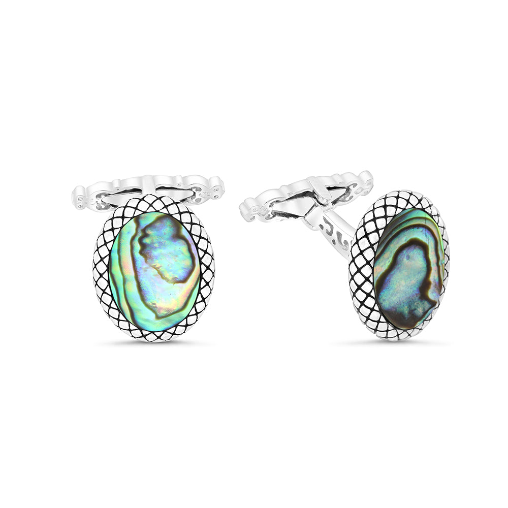Sterling Silver 925 Cufflink Rhodium And Black Plated Embedded With Blue Shell