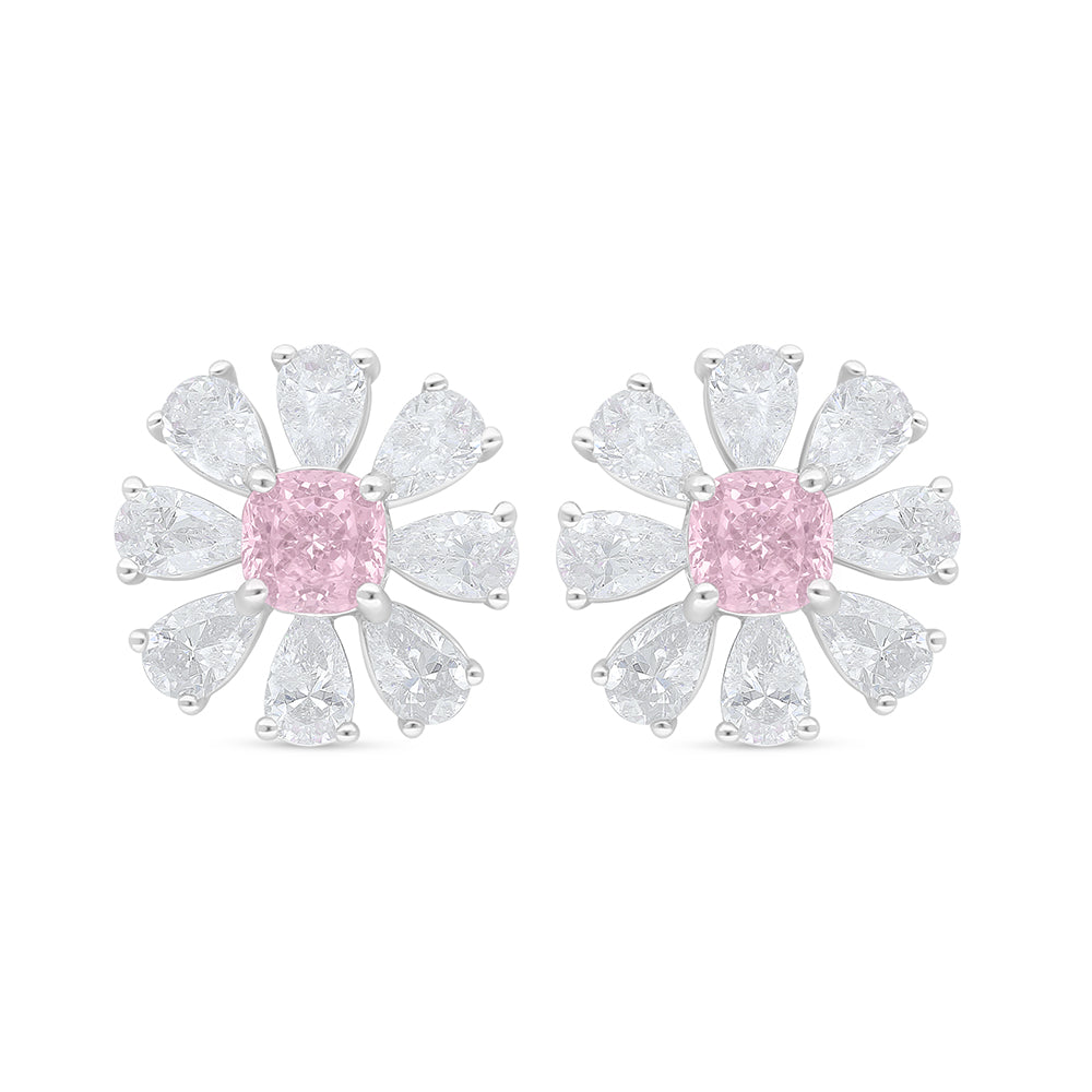 Sterling Silver 925 Earring Rhodium Plated Embedded With Pink Zircon And White Zircon