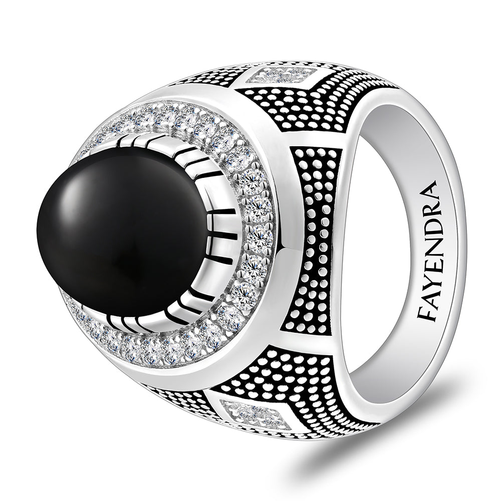 Sterling Silver 925 Ring Rhodium And Black Plated Embedded With Natural black agate Cabochon And White Zircon For Men