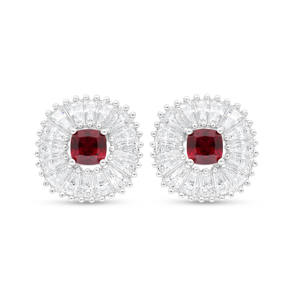 Sterling Silver 925 Earring Rhodium Plated Embedded With Ruby Corundum And White Zircon