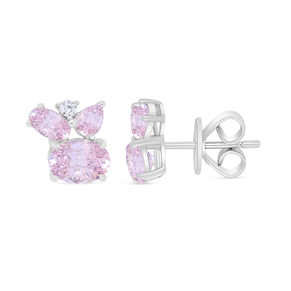 Sterling Silver 925 Earring Rhodium Plated Embedded With Pink Zircon And White Zircon