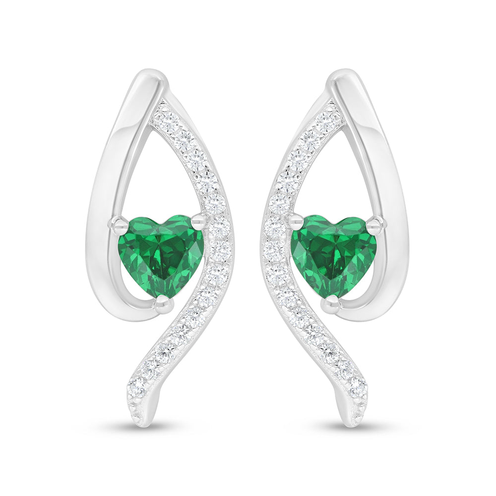 Sterling Silver 925 Earring Rhodium Plated Embedded With Emerald Zircon And White Zircon
