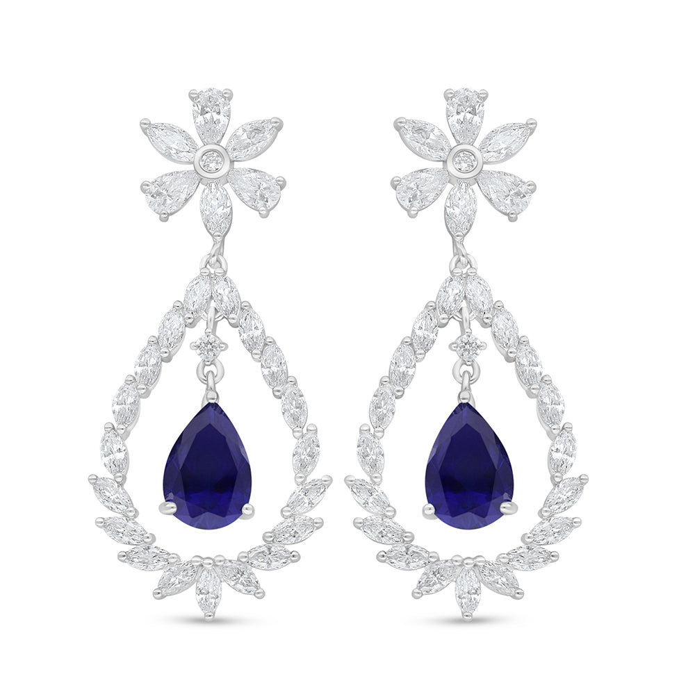 Sterling Silver 925 Earring Rhodium Plated Embedded With Sapphire Corundum And White Zircon