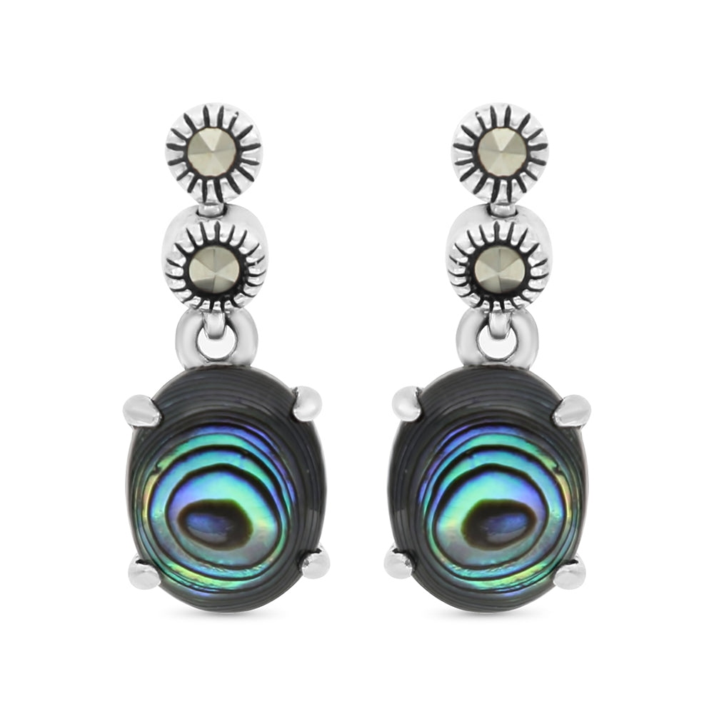 Sterling Silver 925 Earring Embedded With Natural Blue Shell And Marcasite Stones