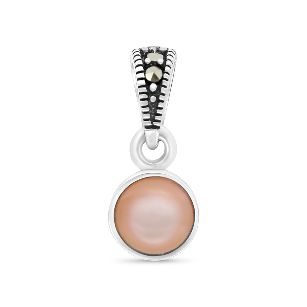Sterling Silver 925 Pendant Embedded With Natural Pink Shell And Marcasite Stones