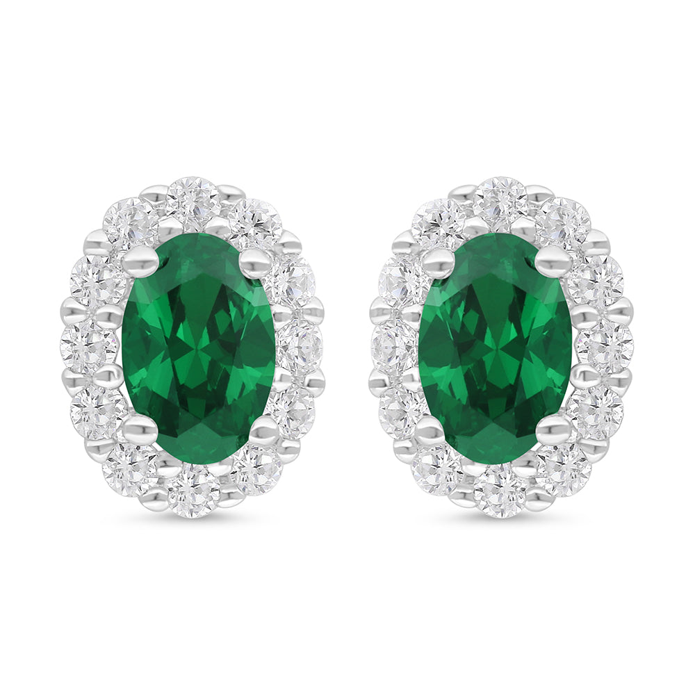 Sterling Silver 925 Earring Rhodium Plated Embedded With Emerald Zircon And White Zircon