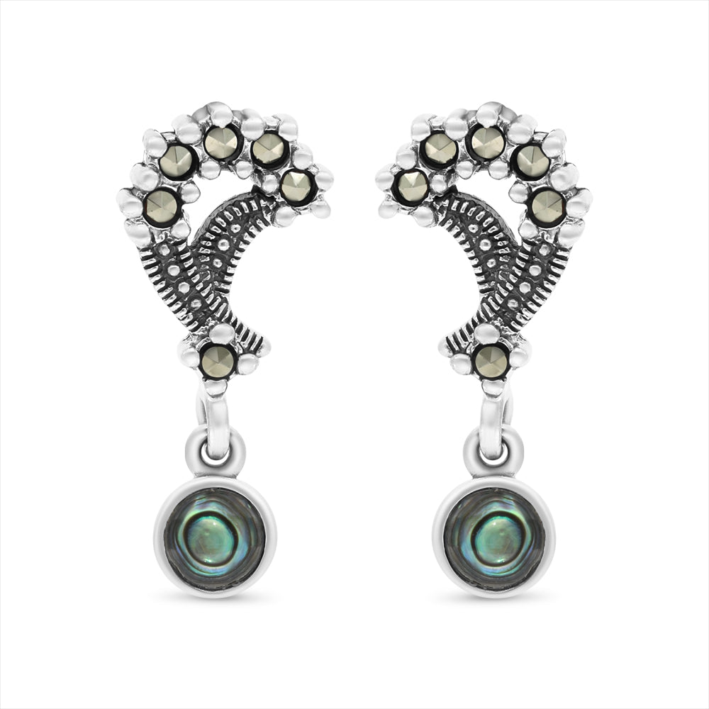 Sterling Silver 925 Earring Embedded With Natural Blue Shell And Marcasite Stones