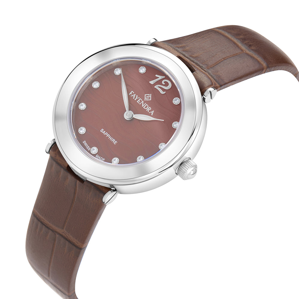 Stainless Steel 316L Watch Silver Color Brown Leather And White Zircon - BROWN MOP DIAL