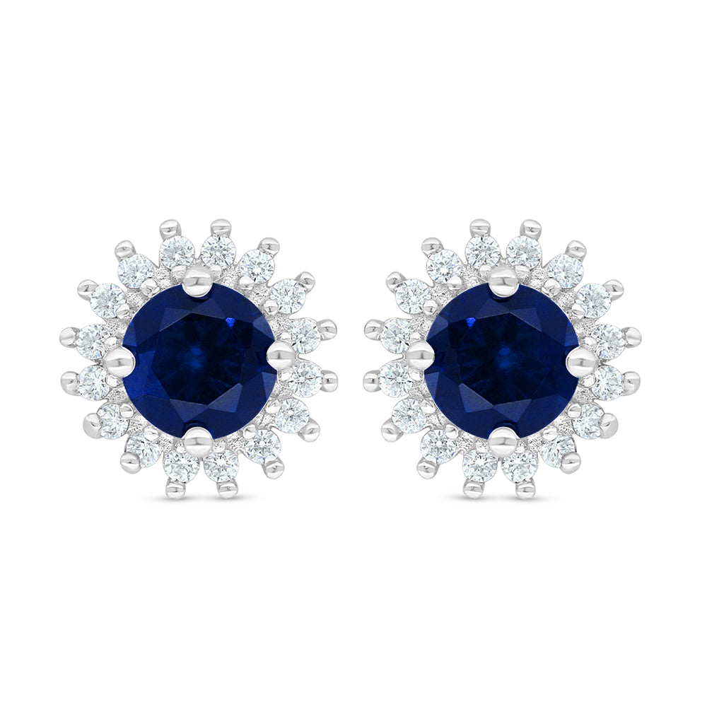 Sterling Silver 925 Earring Rhodium Plated Embedded With Sapphire Corundum And White Zircon