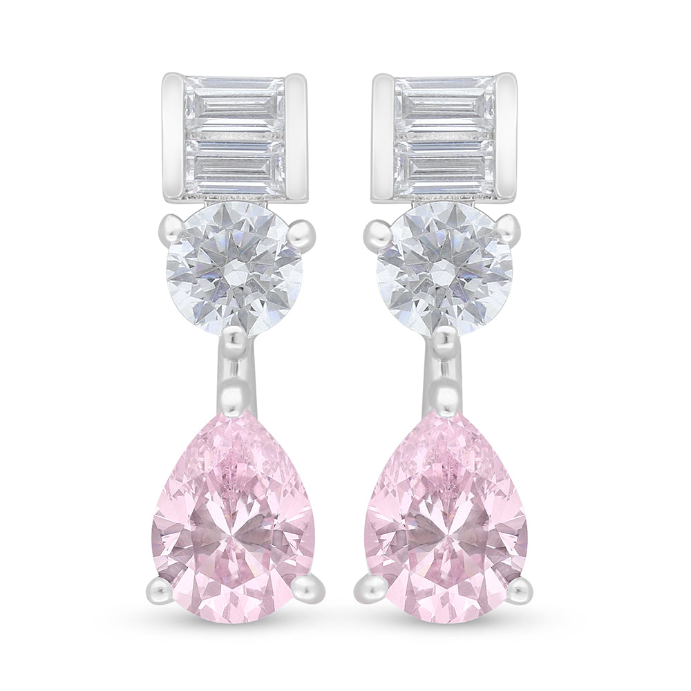 Sterling Silver 925 Earring Rhodium Plated Embedded With Pink Zircon And White Zircon