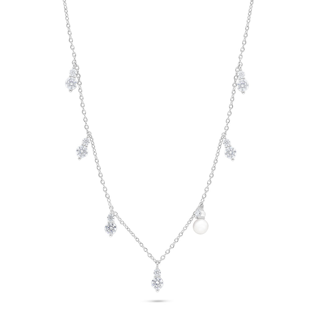 Sterling Silver 925 Necklace Rhodium Plated Embedded With Natural White Pearl And White Zircon