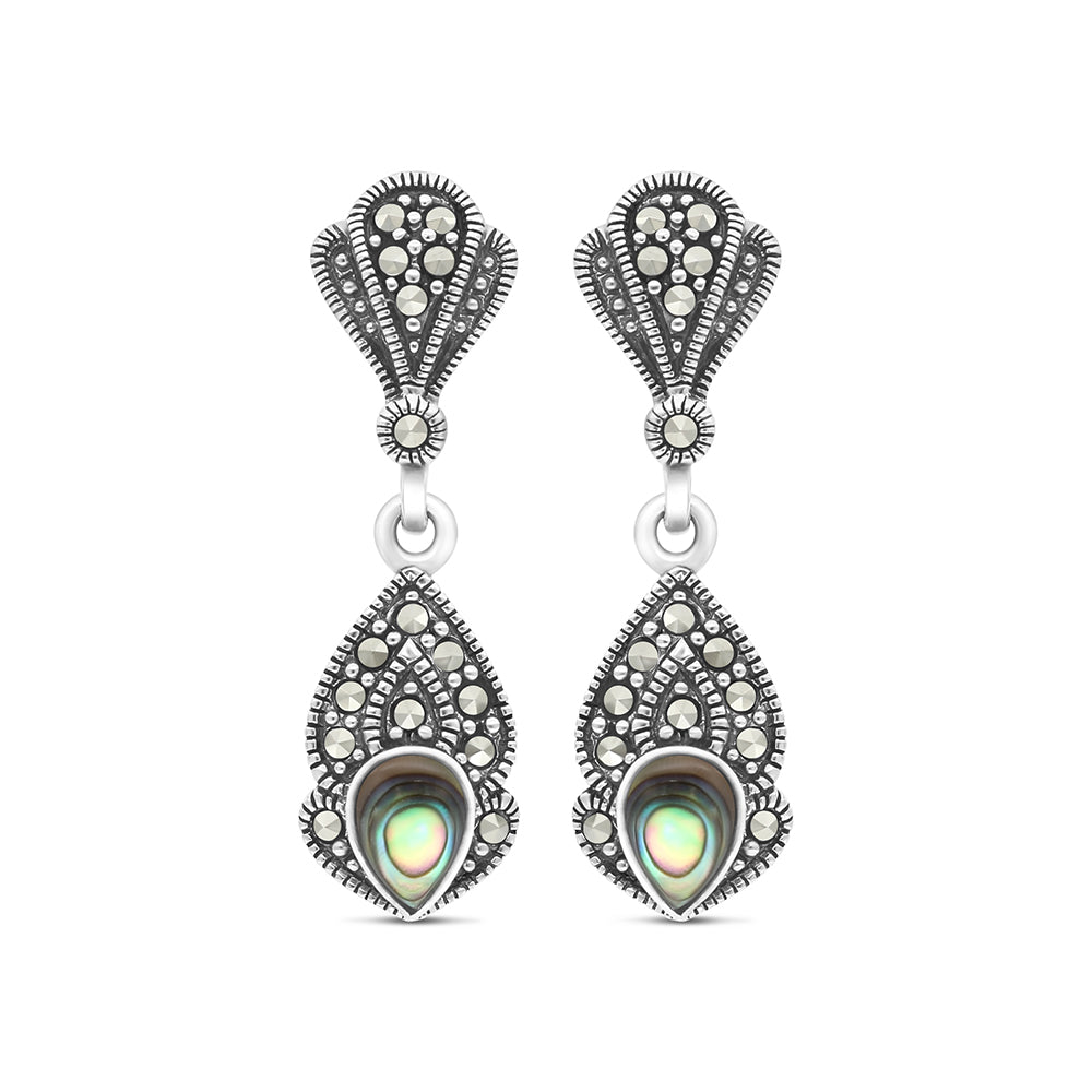 Sterling Silver 925 Earring Embedded With Natural Blue Shell And Marcasite Stones