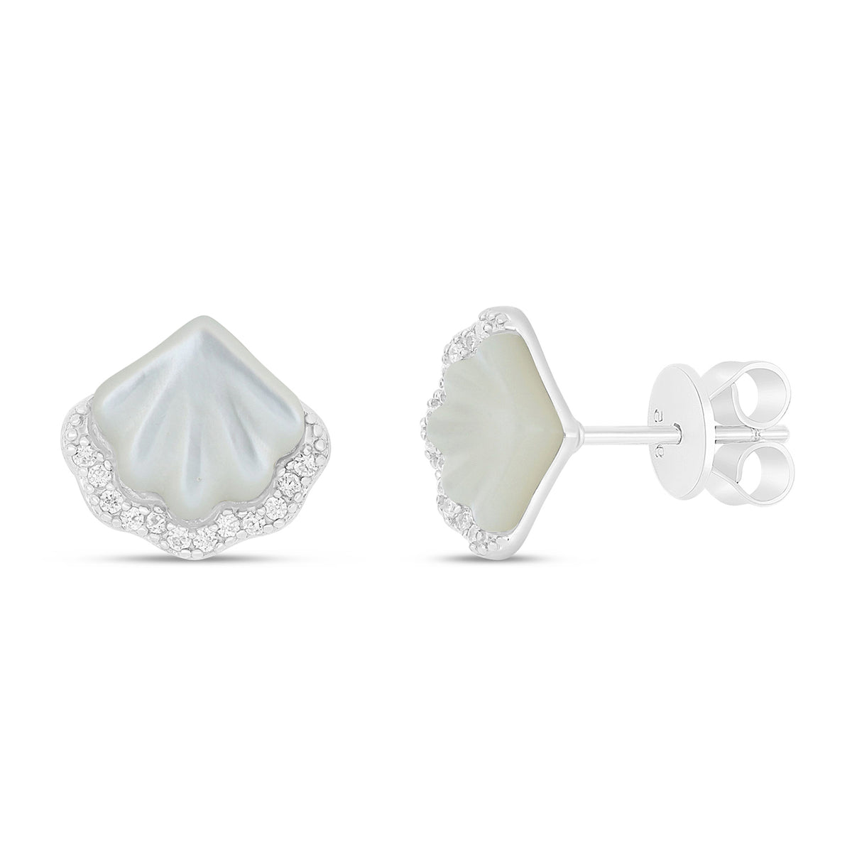 Sterling Silver 925 Earring Rhodium Plated Embedded With White Shell And White Zircon