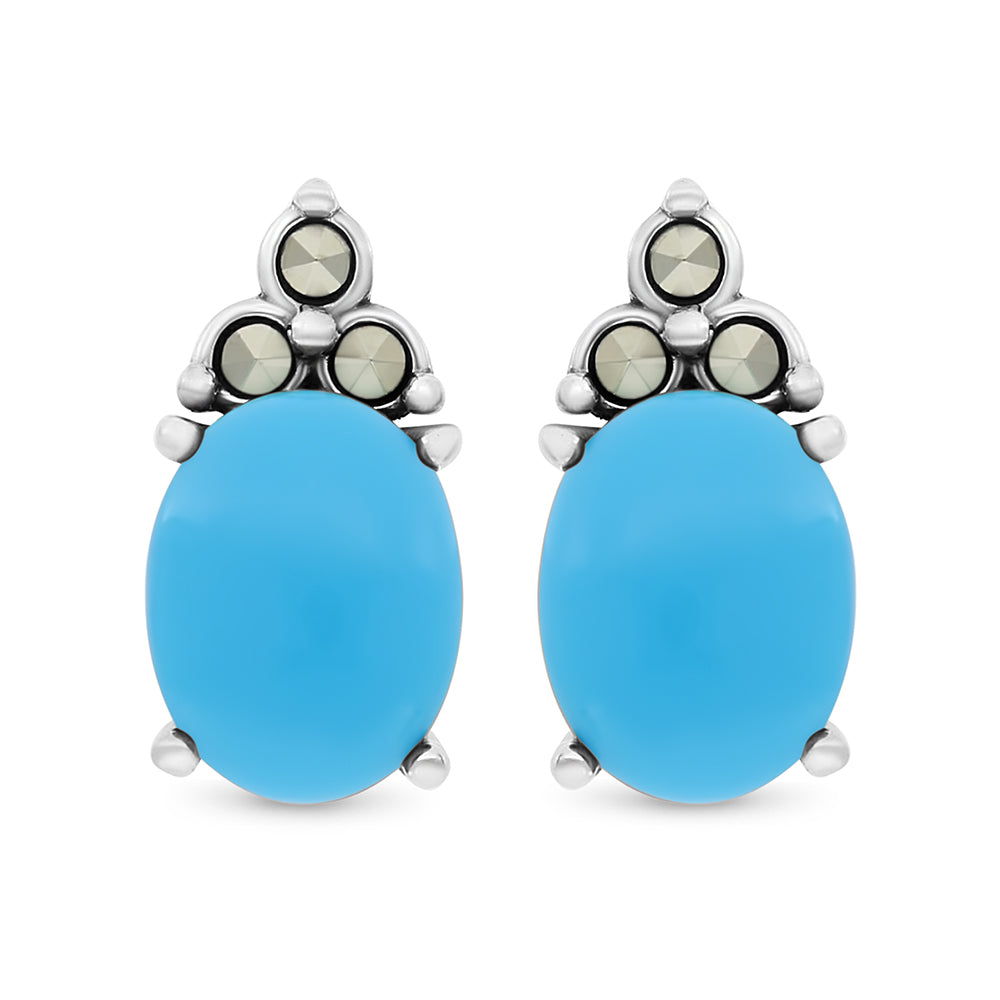 Sterling Silver 925 Earring Embedded With Natural Processed Turquoise And Marcasite Stones