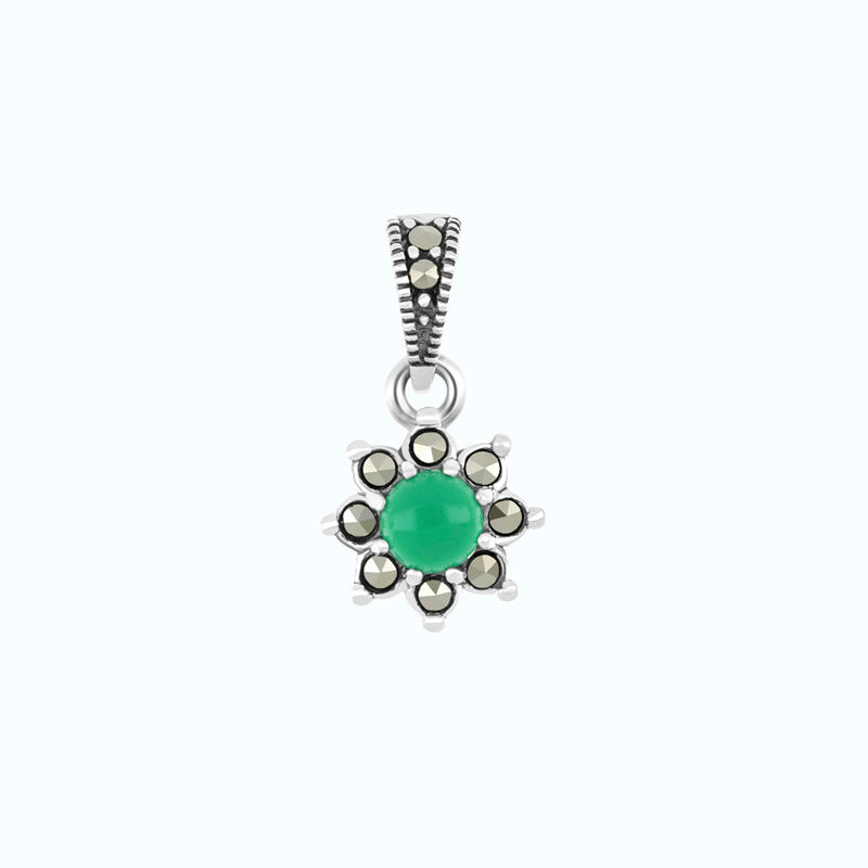 Sterling Silver 925 Pendant Embedded With Natural Green Agate And Marcasite Stones