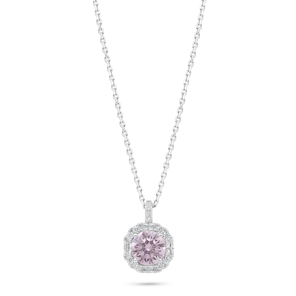 Sterling Silver 925 Necklace Rhodium Plated Embedded With Pink Zircon And White Zircon