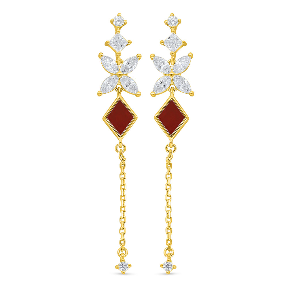 Sterling Silver 925 Earring Golden Plated Embedded With RED Agate And White Zircon