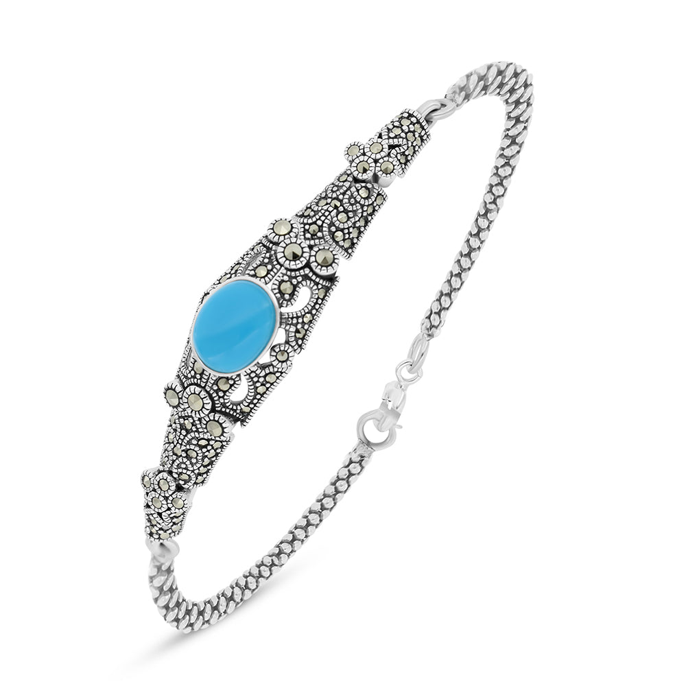 Sterling Silver 925 Bracelet Embedded With Natural Processed Turquoise And Marcasite Stones