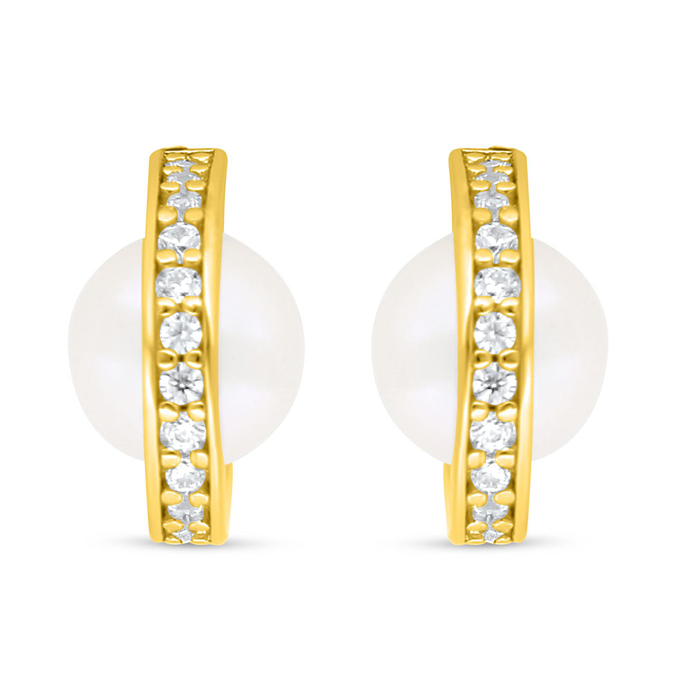 Sterling Silver 925 Earring Golden Plated Embedded With Fresh Water Pearl And White Zircon