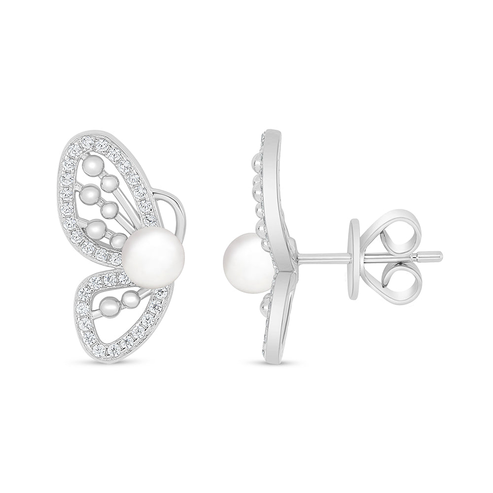 Sterling Silver 925 Earring Rhodium Plated Embedded With Natural White Pearl And White Zircon