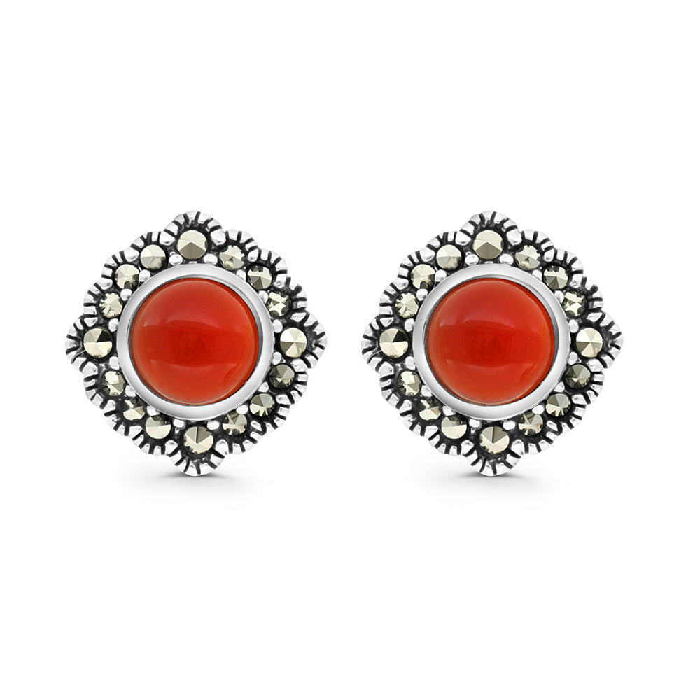 Sterling Silver 925 Earring Embedded With Natural Aqiq And Marcasite Stones