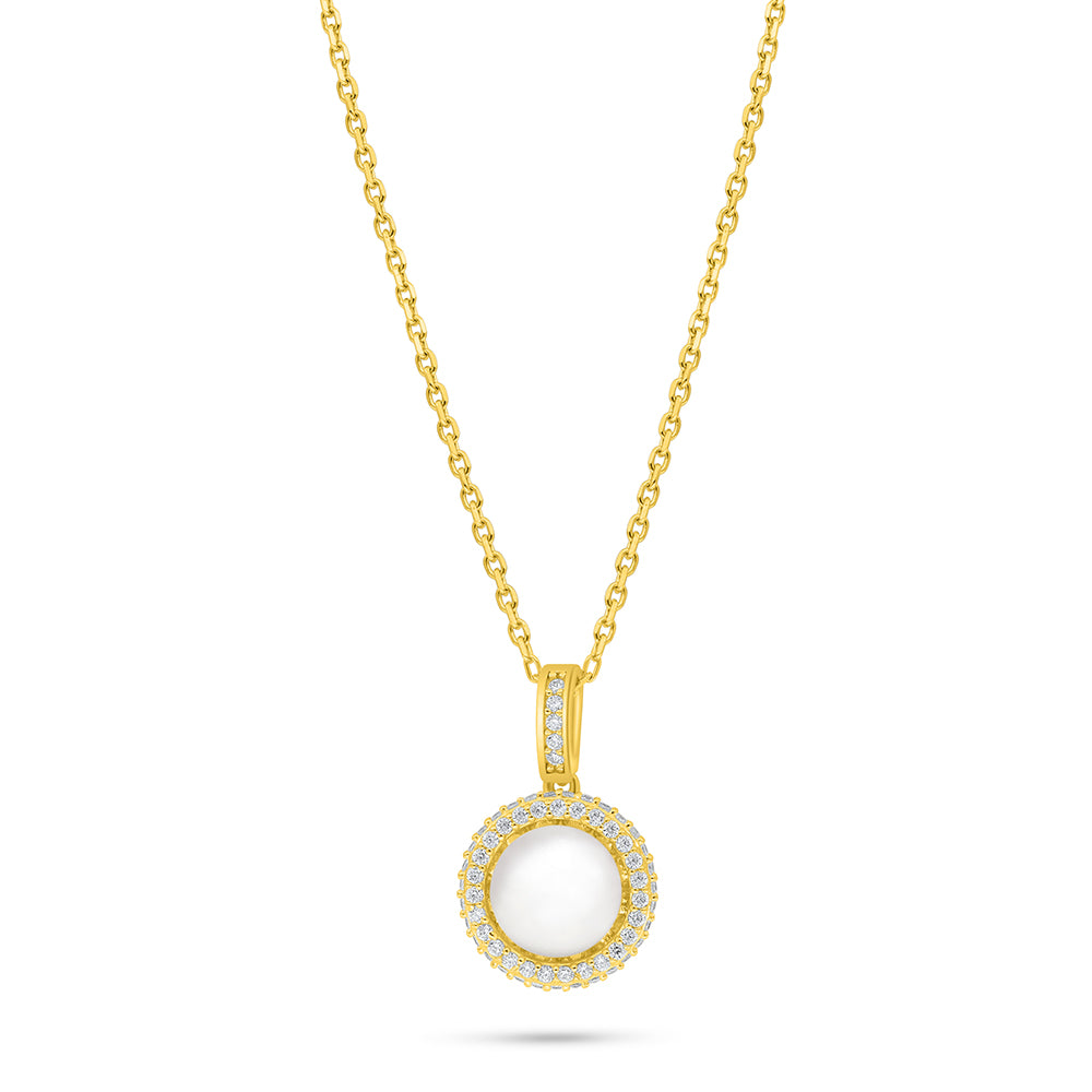 Sterling Silver 925 Necklace Golden Plated Embedded With Natural White Pearl And White Zircon