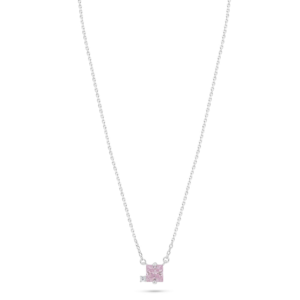 Sterling Silver 925 Necklace Rhodium Plated Embedded With Pink Zircon And White Zircon