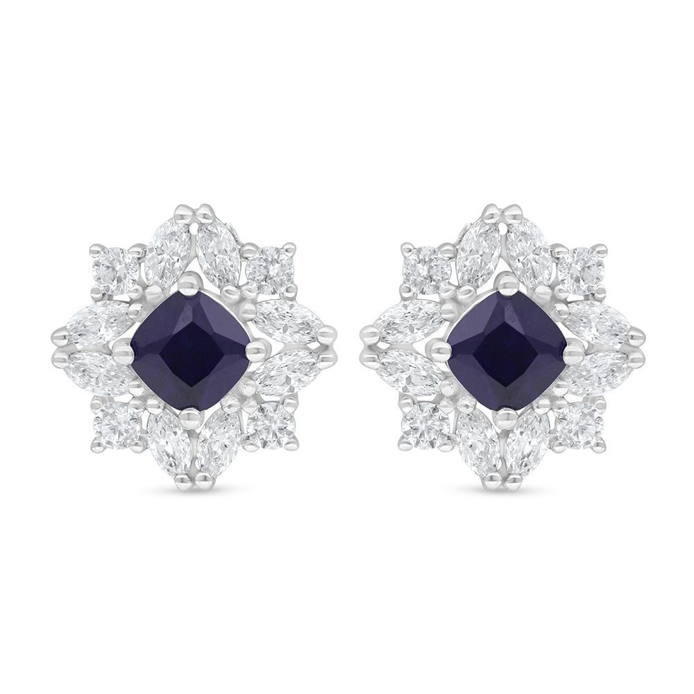 Sterling Silver 925 Earring Rhodium Plated Embedded With Sapphire Corundum And White Zircon