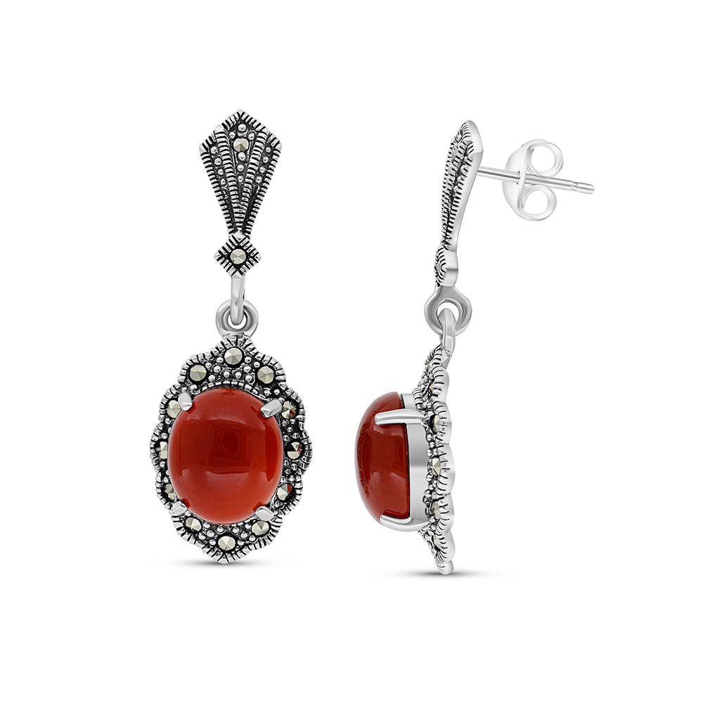 Sterling Silver 925 Earring Embedded With Natural Aqiq And Marcasite Stones