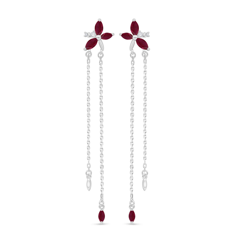 Sterling Silver 925 Earring Rhodium Plated Embedded With Ruby Corundum And White Zircon