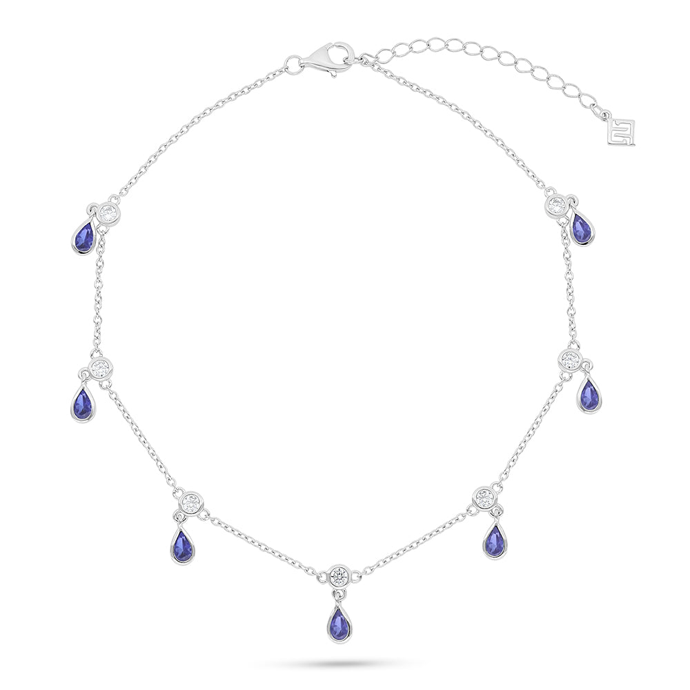 Sterling Silver 925 Anklet Rhodium Plated Embedded With Sapphire Corundum And White Zircon