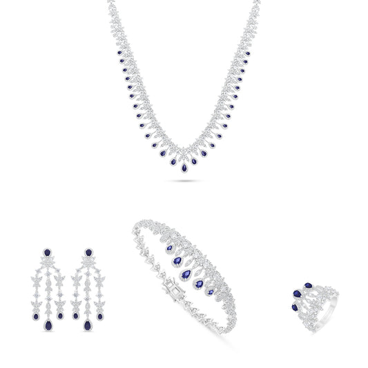 طقم من الفضة الخالصة عيار 925 مطلي روديوم و احجار زفير كروندوم و فص ابيض