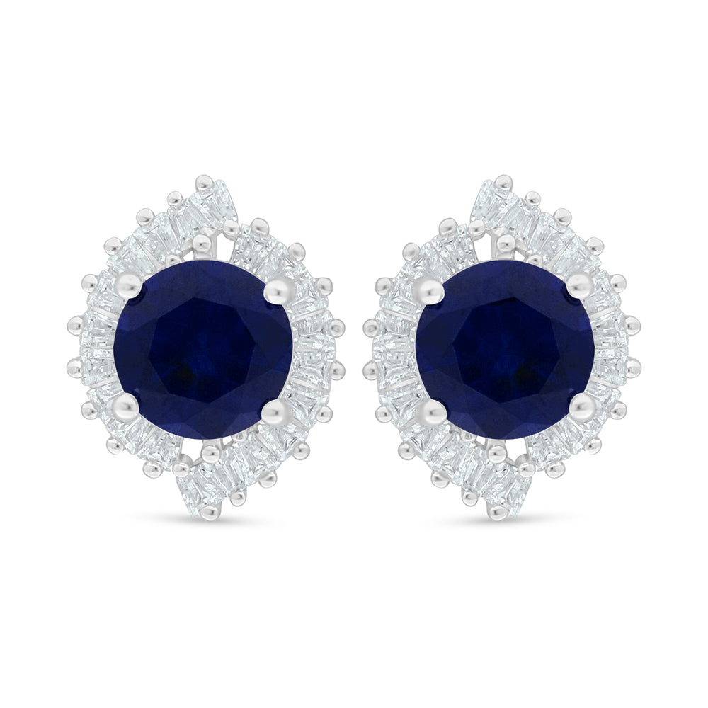 Sterling Silver 925 Earring Rhodium Plated Embedded With Sapphire Corundum And White Zircon